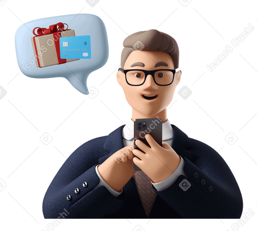 3D Businessman buying gifts by phone Illustration in PNG, SVG