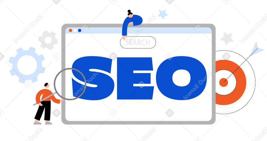 Lettering SEO with target, gears and magnifying glass text PNG, SVG