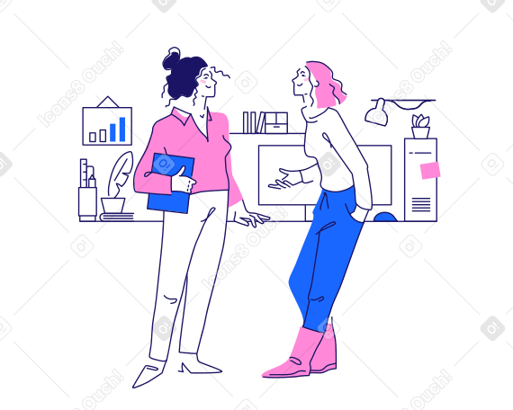 Two women in the office talking about work Illustration in PNG, SVG