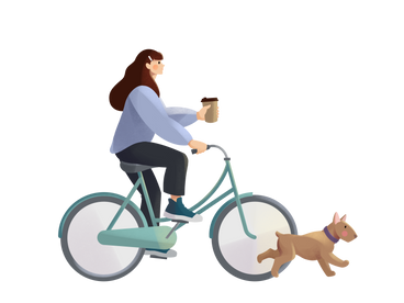 Woman in violet jumper riding a bike with a cup of coffee and a running dog PNG, SVG
