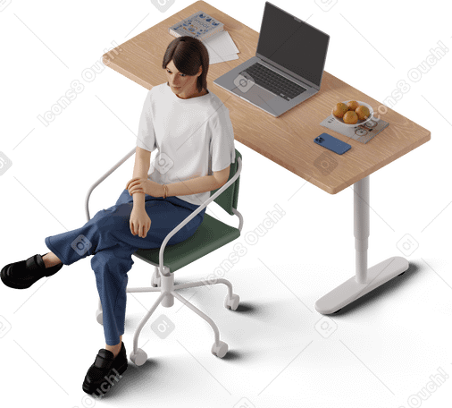 3D isometric view of young woman sitting in front of the table PNG, SVG
