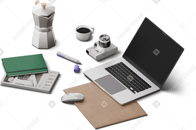 3D Изометрический вид ноутбука, письма, книг, фотоаппарата и кофе в PNG, SVG