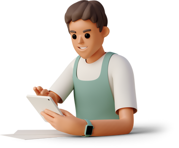 boy in the apron looking at tablet PNG, SVG