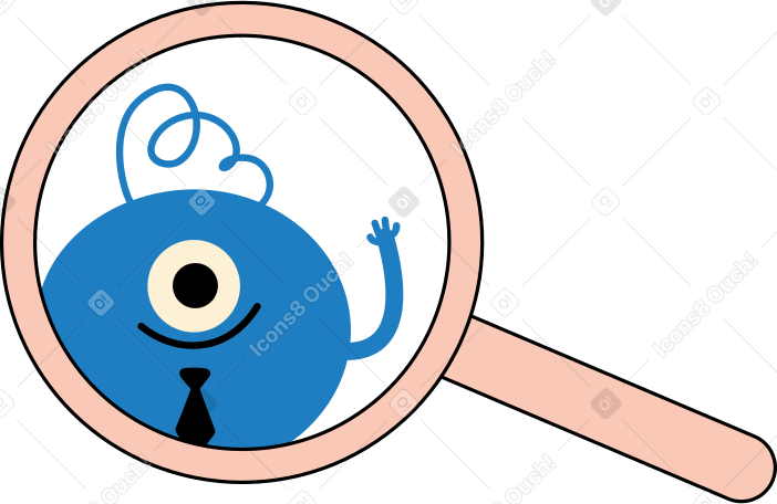 Carácter azul en una lupa PNG, SVG