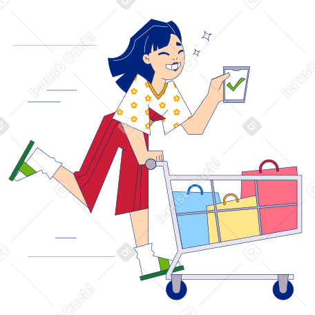 Woman running with shopping cart holding a checklist PNG, SVG