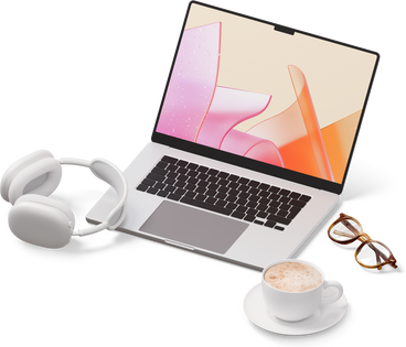 Isometric view of laptop, headphones, cup of coffee, glasses PNG, SVG