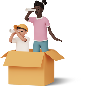 boy and girl in box looking into a paper tube PNG, SVG
