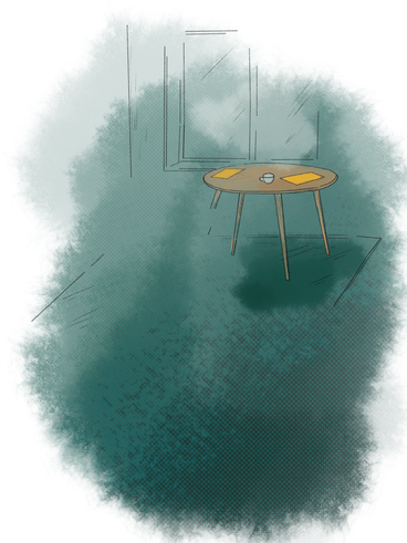 Sketch of a table by the window on a green watercolor background PNG、SVG