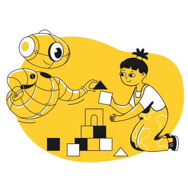 Robot nanny playing cubes with a kid PNG, SVG