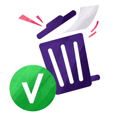 Sheet of paper goes in the trash and next to it is a sign confirming removal Illustration in PNG, SVG