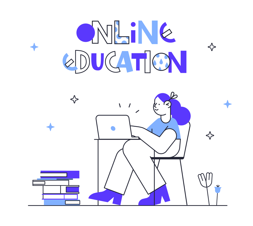 Online education text over the girl with laptop and books Illustration in PNG, SVG