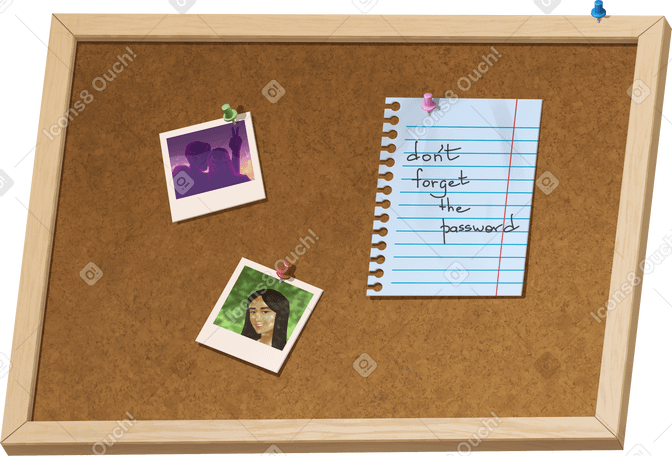 cork board with photos and a note в PNG, SVG