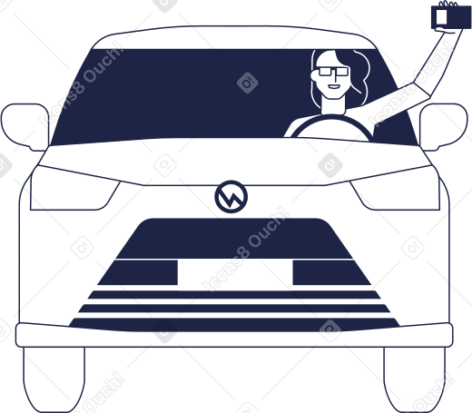 Улыбающаяся женщина за рулем автомобиля держит свои права в одной руке в PNG, SVG
