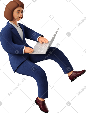 3D seated businesswoman in blue suit with laptop PNG, SVG