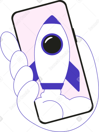 hand holding phone with rocket on the screen PNG, SVG
