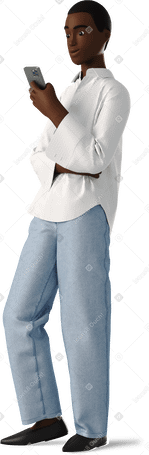 3D black young woman standing with phone and smirking Illustration in PNG, SVG