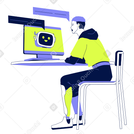Young man communicating with artificial intelligence through a computer PNG, SVG