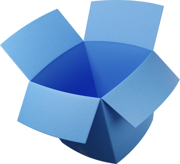 Синяя открытая коробка летит под наклоном влево в PNG, SVG