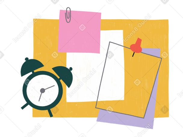 Board with post it notes and an alarm clock for planning PNG, SVG