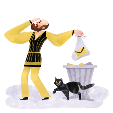 Un uomo e un gatto mettono la spazzatura nel cestino PNG, SVG