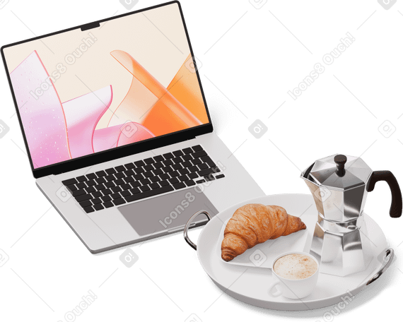 3D isometric view of laptop, moka pot, croissant and cup PNG, SVG