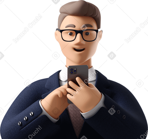 3D close up of businessman in dark blue suit looking at phone Illustration in PNG, SVG