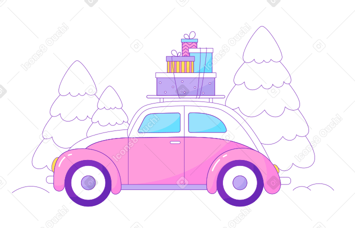 Розовая машина с подарками в PNG, SVG