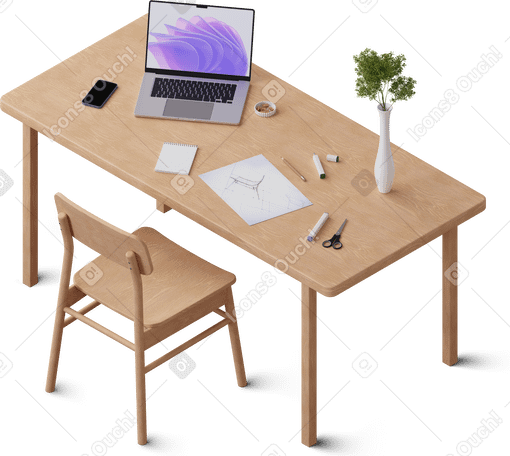 3D Vista isométrica del escritorio con computadora portátil, bloc de notas y boceto de silla PNG, SVG