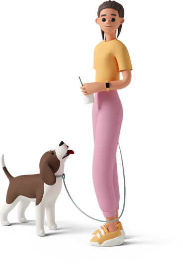young woman walking dog on leash and holding drink PNG, SVG