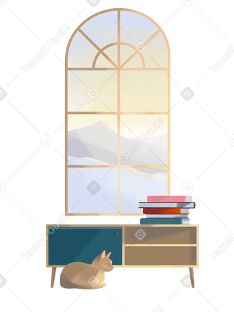 Cabinet with books near the window Illustration in PNG, SVG