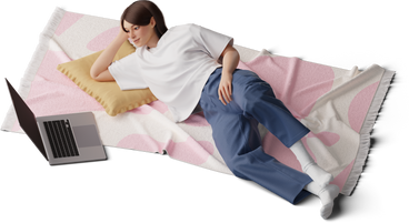young woman lying on the carpet watching laptop PNG, SVG