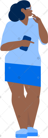 woman stands holding smartphone and thinks PNG, SVG