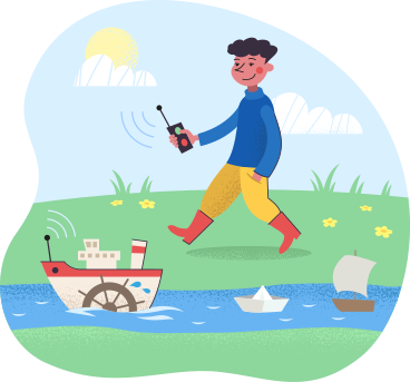 Маленький мальчик спускает на воду игрушечные кораблики в ручье в PNG, SVG