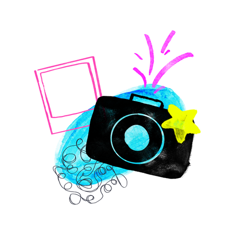 Photo camera with polaroid and graphic elements Illustration in PNG, SVG