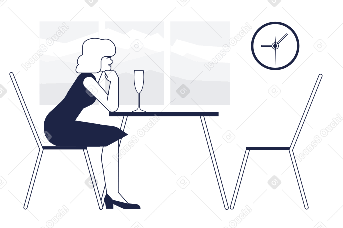 Mujer con copa de champán esperando a alguien en el restaurante PNG, SVG