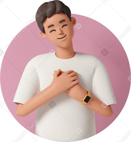 3D happy thankful man holding folded hands near heart в PNG, SVG