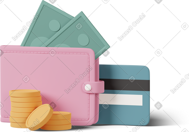 Wallet with banknots credit card and coins PNG, SVG