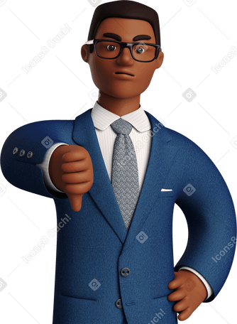 3D angry black businessman in blue suit showing thumbs down Illustration in PNG, SVG