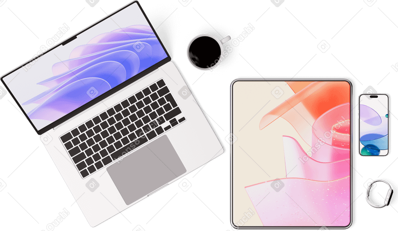 3D Вид сверху на планшет, смартфон, ноутбук и чашку чая в PNG, SVG