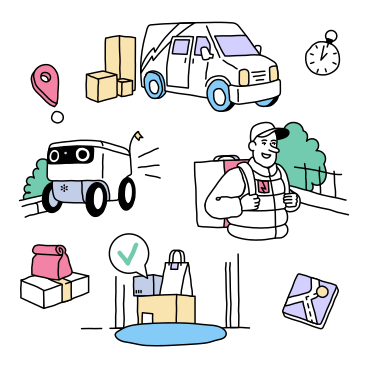 Фургон, робот-доставщик, курьерская доставка и доставка до порога. в PNG, SVG