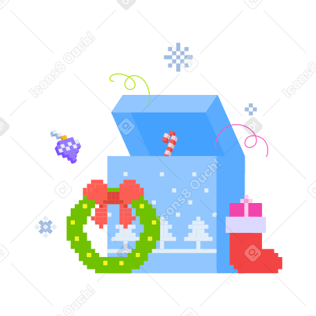 Коробка с рождественскими украшениями и рождественский венок в PNG, SVG