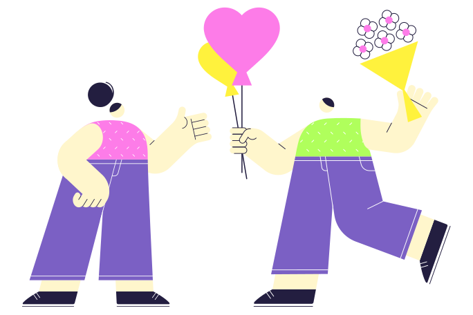Man giving heart baloons and bouquet to woman Illustration in PNG, SVG
