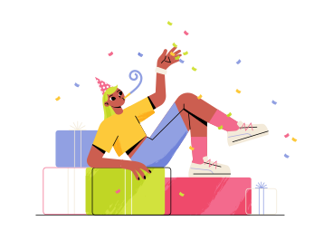 Girl with party hat lying on a bunch of presents and blowing party horn PNG, SVG