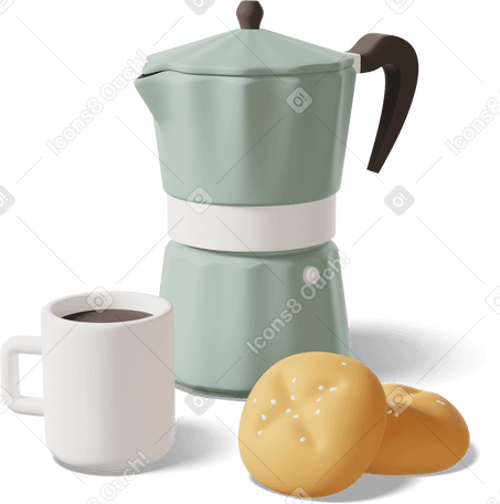 3D moka pot with cup of coffee and buns Illustration in PNG, SVG