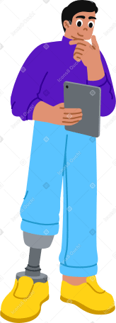 Homem com prótese de perna segurando um tablet PNG, SVG