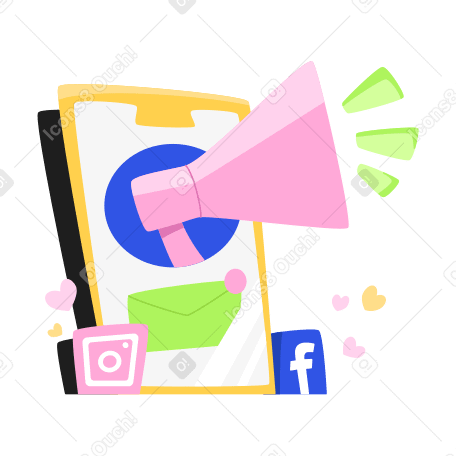 Illustration animée Marketing mobile avec mégaphone, nouveau message et icônes de réseaux sociaux aux formats GIF, Lottie (JSON) et AE
