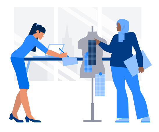 Women choosing fabrics for a clothing collection Illustration in PNG, SVG