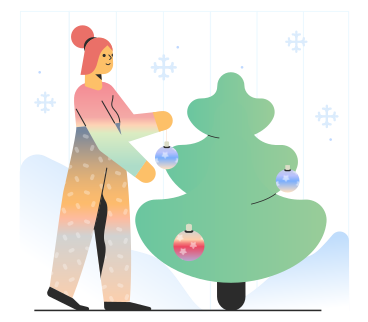 Woman decorates Christmas tree в PNG, SVG
