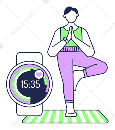 Woman with smartwatches standing on mat in tree pose animated illustration in GIF, Lottie (JSON), AE