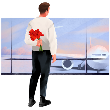 Homme avec des fleurs rencontrant quelqu'un à l'aéroport PNG, SVG